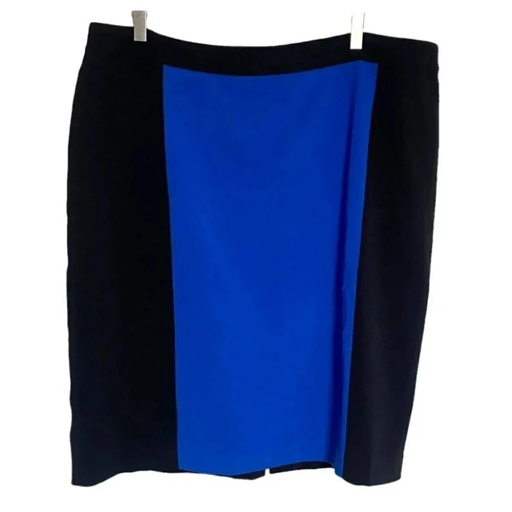 Dressbarn Women Plus 18W Colorblock Pencil Skirt Black Blue Stretch Lined Career